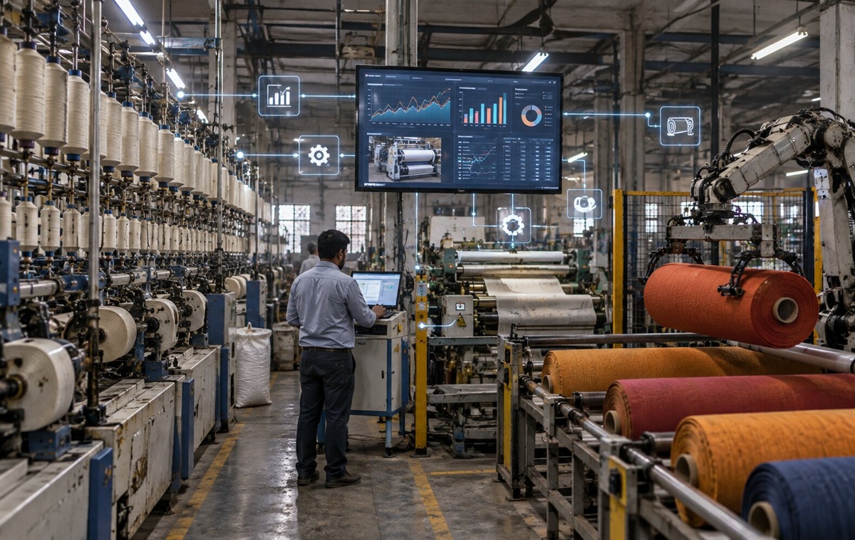 Automated textile machines connected to a real-time production analytics system