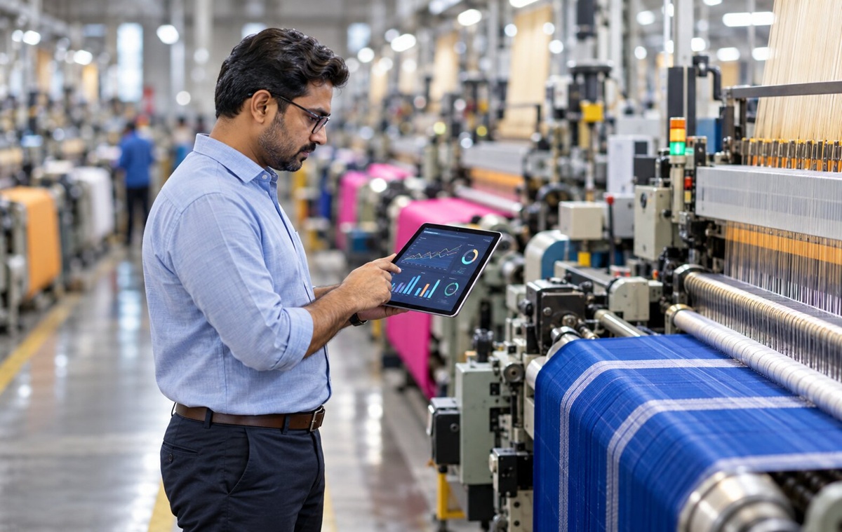 Textile factory manager reviewing production data on a tablet beside weaving machines